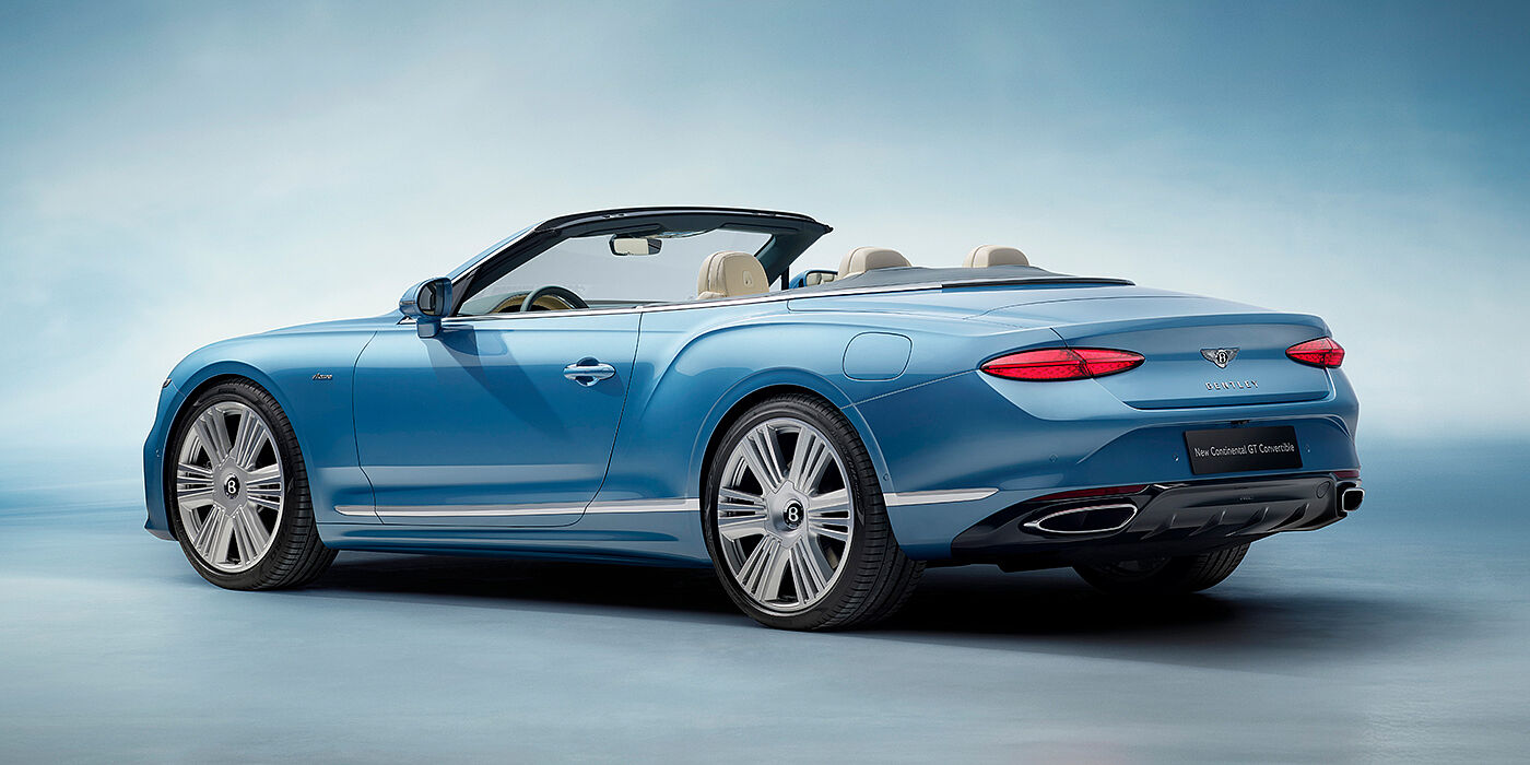 Bentley Kuala Lumpur New Bentley Continental GTC Azure convertible rear view in Light Windsor blue paint with 22 inch ten spoke wheels and chrome exterior details