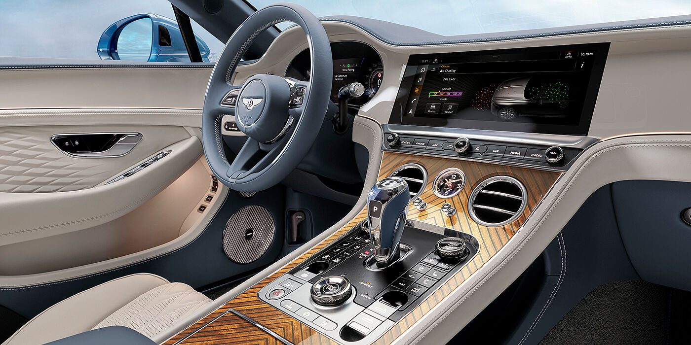 Bentley Kuala Lumpur New Bentley Continental GTC Azure convertible interior front cabin view with Linen and Brunel hides and Piano Linen by Mulliner veneer featuring centre console and centre MMI screen