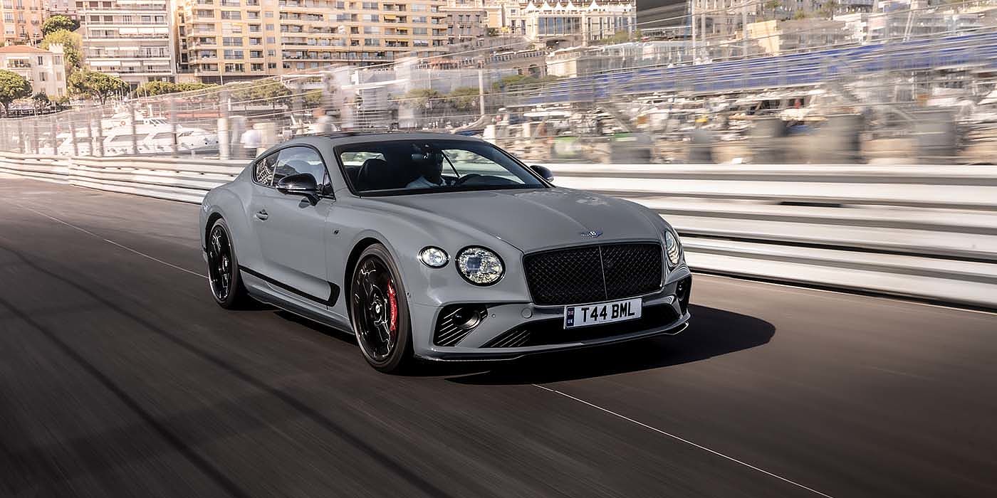 Bentley Kuala Lumpur Bentley Continental GT S coupe in Cambrian Grey paint front 34 dynamic driving on track