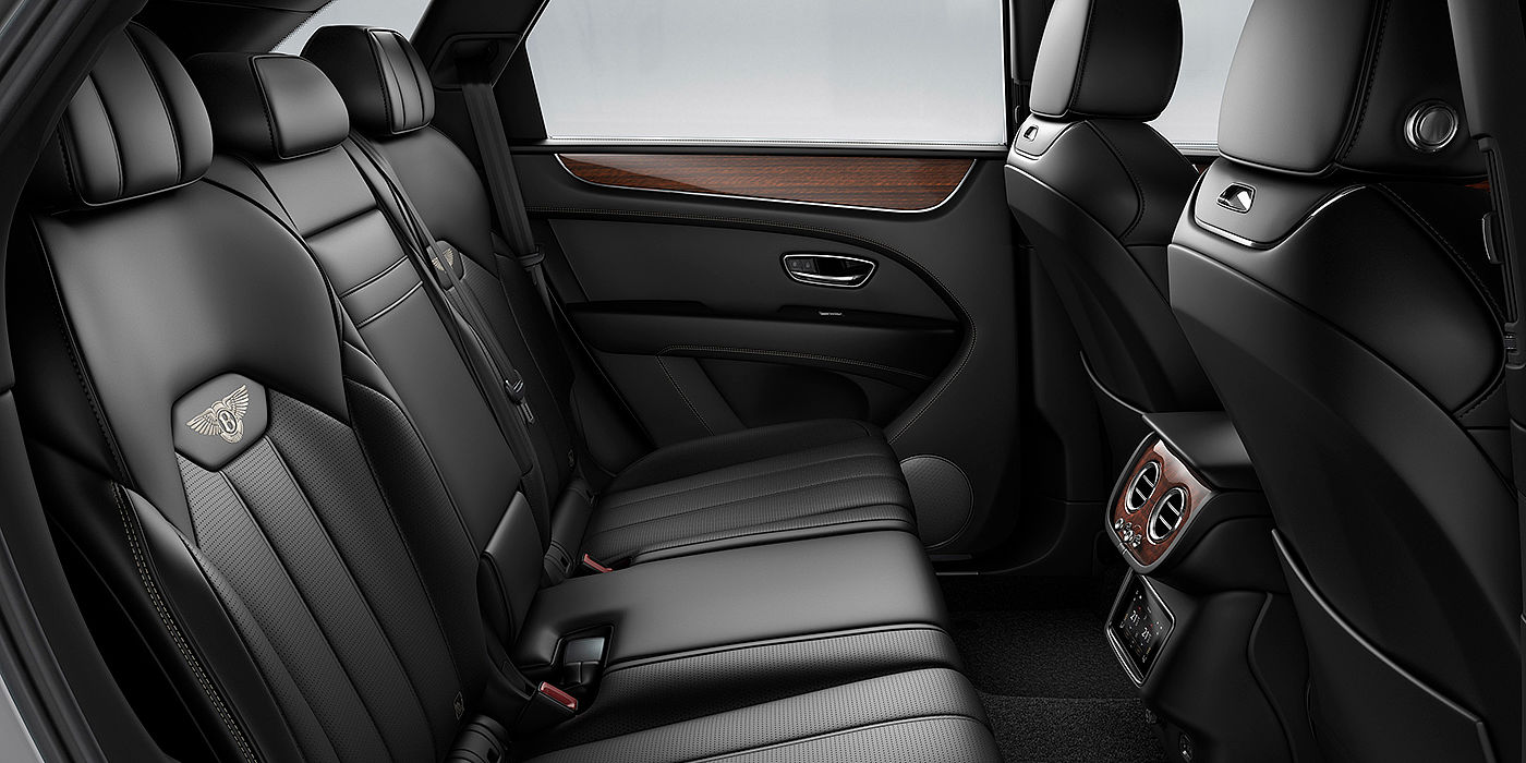 Bentley Kuala Lumpur Bentey Bentayga interior view for rear passengers with Beluga black hide.