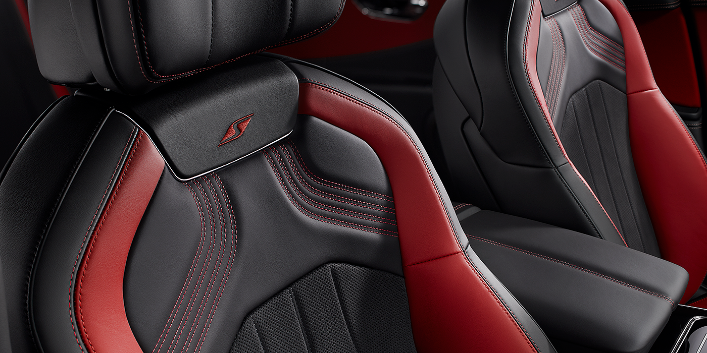 Bentley Kuala Lumpur Bentley Flying Spur S seat in Beluga black and \hotspur red hide with S emblem stitching