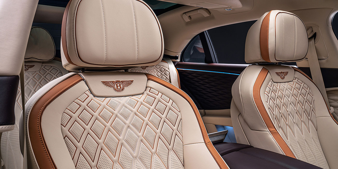 Bentley Kuala Lumpur Bentley Flying Spur Odyssean sedan rear seat detail with Diamond quilting and Linen and Burnt Oak hides