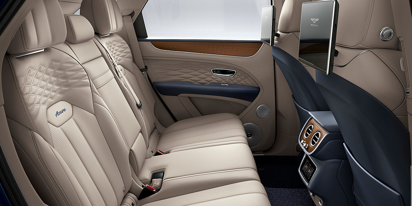 Bentley Kuala Lumpur Bentey Bentayga Azure interior view for rear passengers with Portland hide and Rear Seat Entertainment. 