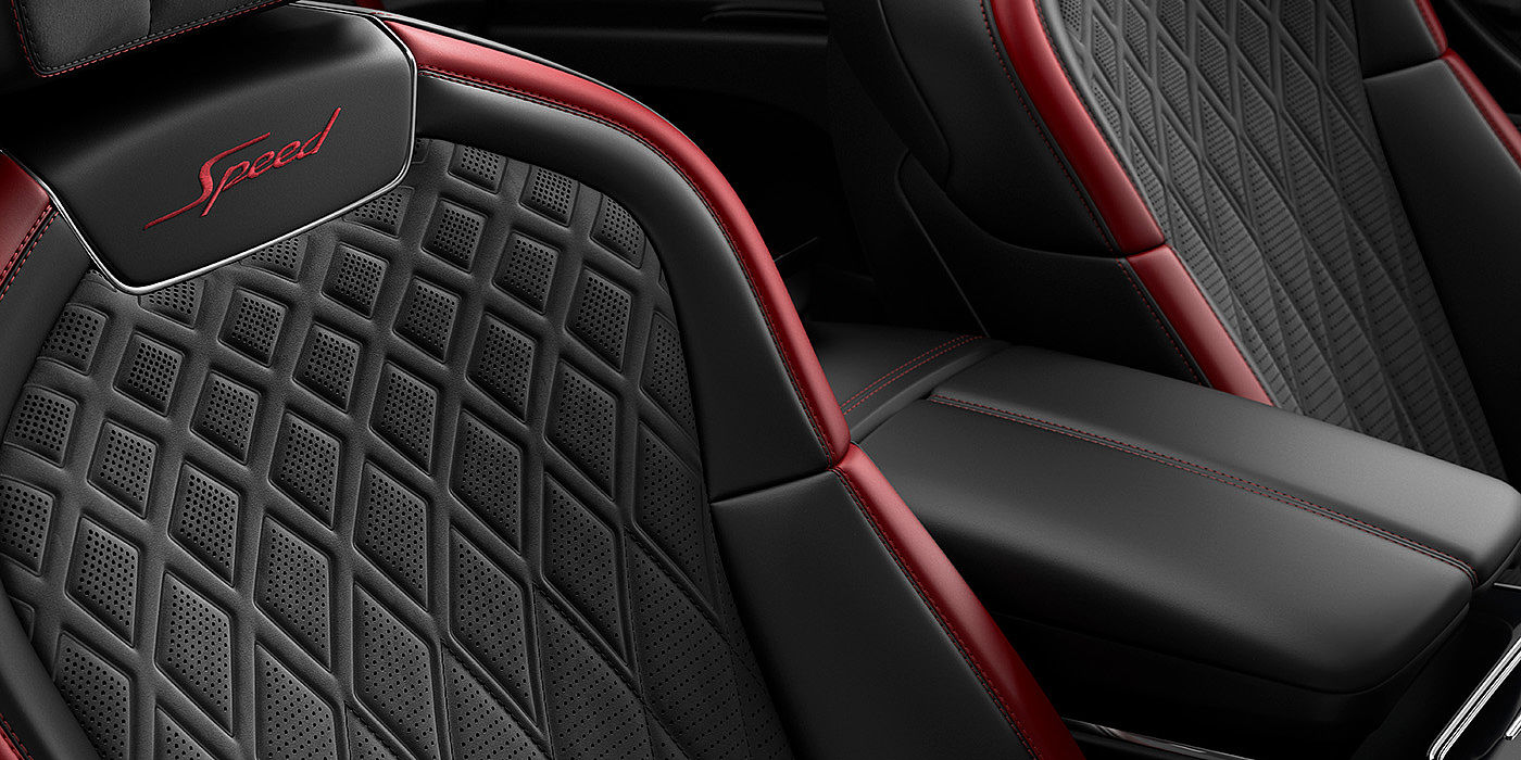 Bentley Kuala Lumpur Bentley Flying Spur Speed sedan seat stitching detail in Beluga black and Cricket Ball red hide