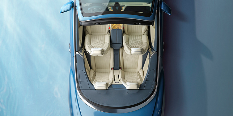 Bentley Kuala Lumpur New Bentley Continental GTC Azure convertible in Light Windsor blue paint overhead view of cabin with stitched Linen and Brunel hides