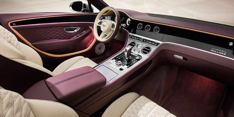 Bentley Kuala Lumpur Bentley Continental GTC Mulliner convertible front interior including Linen and Damson purple hides and Grand Black veneer