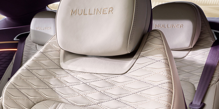 Bentley Kuala Lumpur Bentley Continental GT Mulliner coupe seat detail in Linen leather with Mulliner Diamond in Diamond quilting and Mulliner embroidered seat emblem