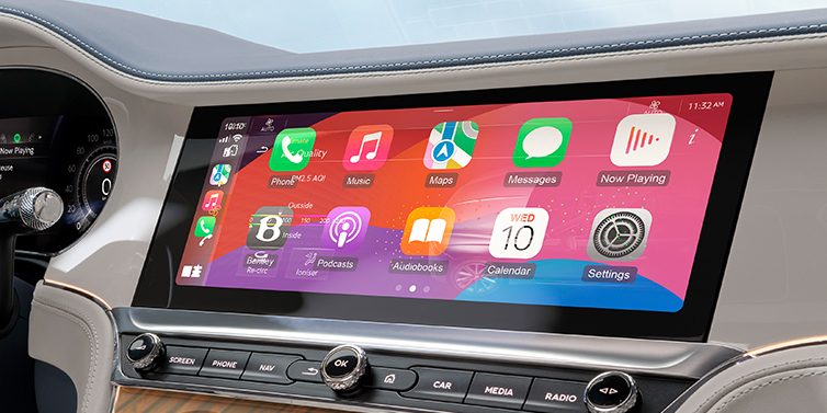Bentley Kuala Lumpur New Bentley Continental GTC Azure convertible close up of front interior, featuring centre dash MMI screen showing available services.